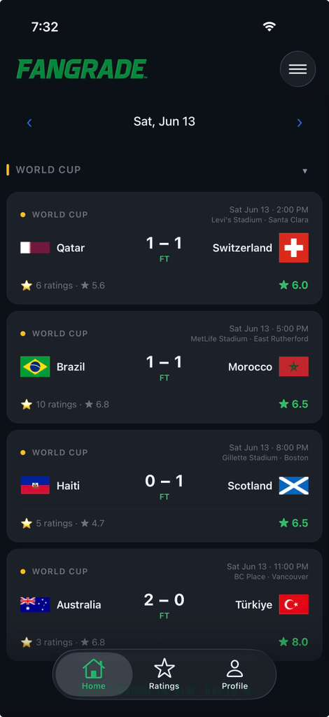 FanGrade app — World Cup match ratings